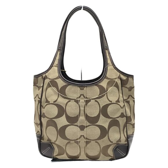 Auth COACH Ergo SignatureTote F11292 Khaki Dark Brown Jacquard Leather - Picture 2 of 8